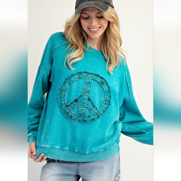Easel Teal Peace Sign Symbol Washed Terry Pullover Sweatshirt New - Picture 2 of 5